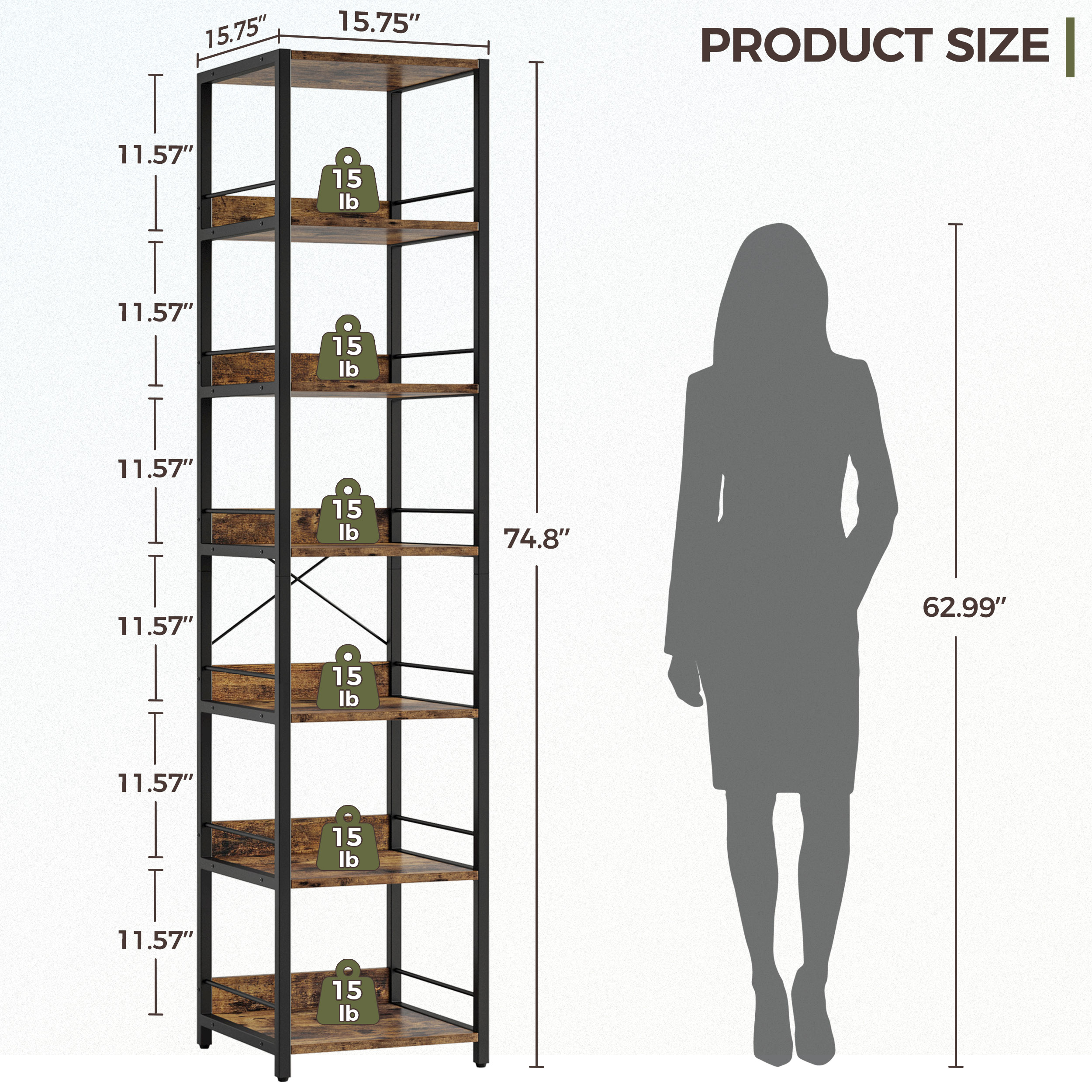 IRONCK 6-Tier Corner Bookcase,  74.8" Tall Narrow  Corner Shelf Stand，Plant Stand，Display Shelf，Wall Corner Bookshelf for Living Room，Bedroom，Home Office