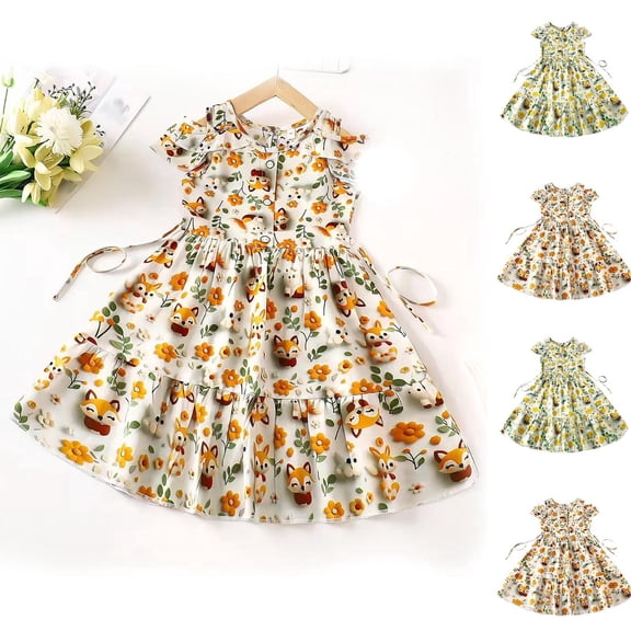 Crunowin Girls Summer Cotton Dress Sleeveless Round Neck Floral Print Beachwear & Midi Length Kids Lightweight Sundress Yellow Size 8