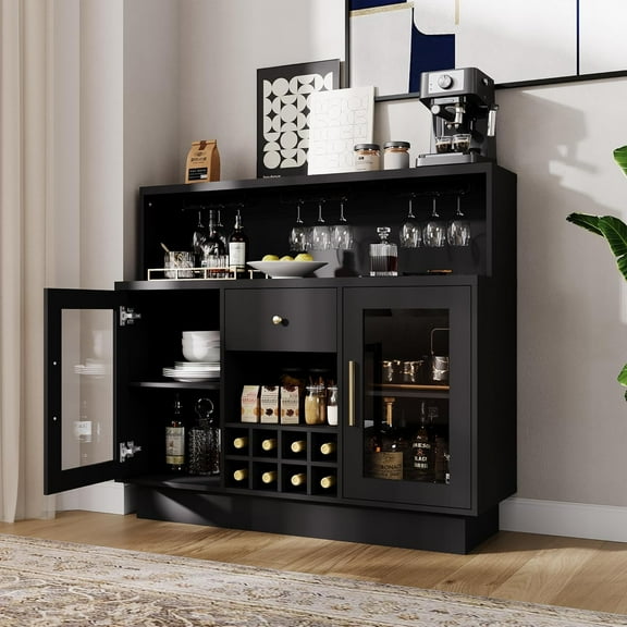 Gaderth 2-Tier LED Wine Bar Cabinet with Glass Doors & Storage Drawers, Versatile Home Bar Furniture Multi-Functional Cabinet for Kitchen, Dining Room, Office, Game Room