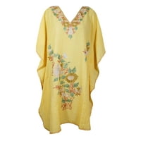 Mogul Women Light Yellow Floral Embroidered Kaftan Dress Kimono Sleeves Resort Wear Housedress Short Caftan 3XL