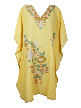 Mogul Women Light Yellow Floral Embroidered Kaftan Dress Kimono Sleeves Resort Wear Housedress Short Caftan 3XL