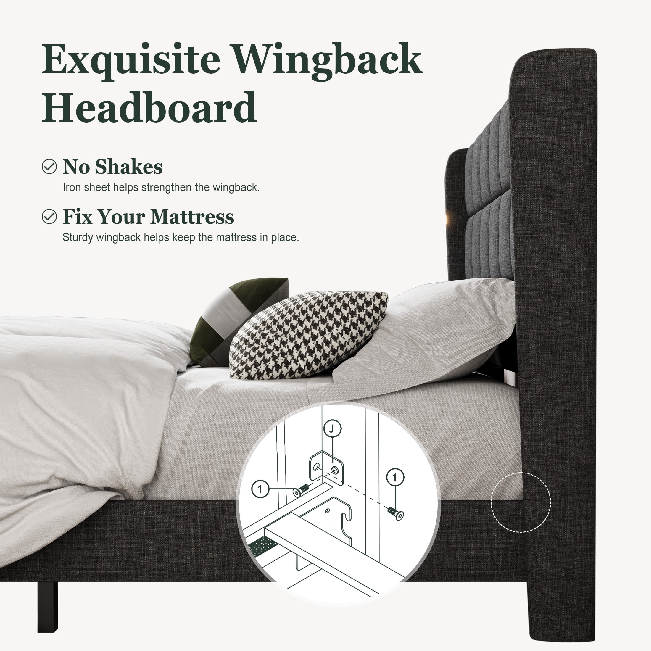 Amolife Queen Size Platform Bed with Wingback Headboard, Square Stitched Style, Dark Grey