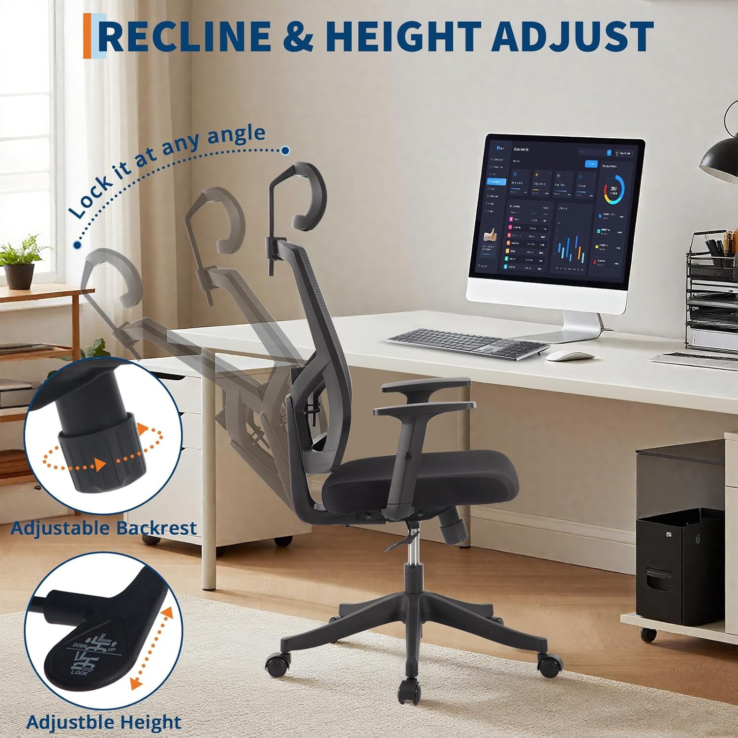 Rugerasy High Back Mesh Office Chair,Ergonomic Desk Chair Reclining,Full Ergonomic Support,Space-Saving Flip-Up Arms,Adjustable Headrest & Recline for Gaming,Black + Black
