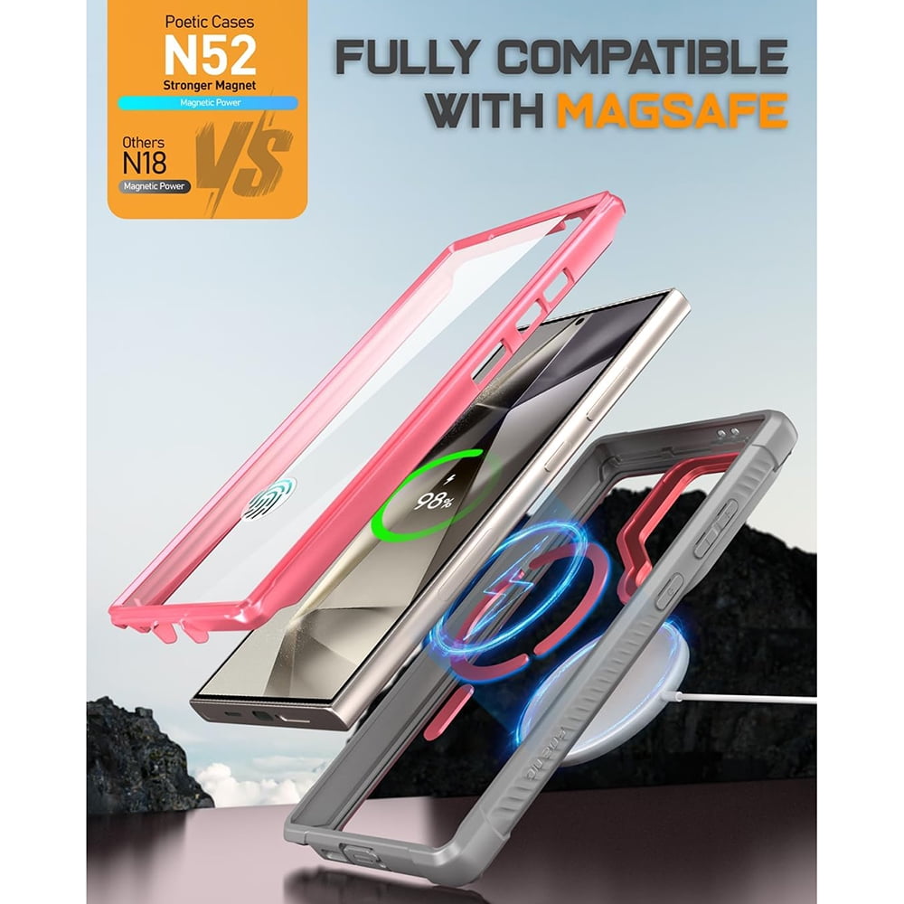 Poetic Guardian Case for Samsung Galaxy S24 Ultra 6.8", [Built-in Camera Stand] [Screen Protector Work with Fingerprint ID] Full Body Shockproof Protective Rugged Clear Cover, Pink/Clear