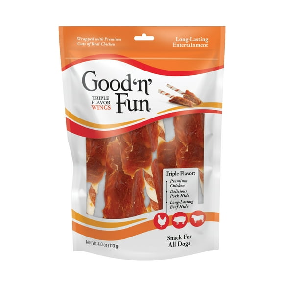 Good 'n' Fun Triple Flavour Wings, Rawhide Chew for All Dogs, 4 oz.
