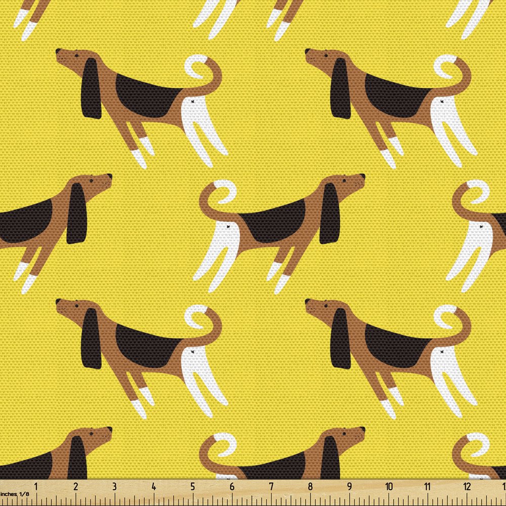 Dogs Fabric by the Yard Upholstery Yellow Background with Fun Pet