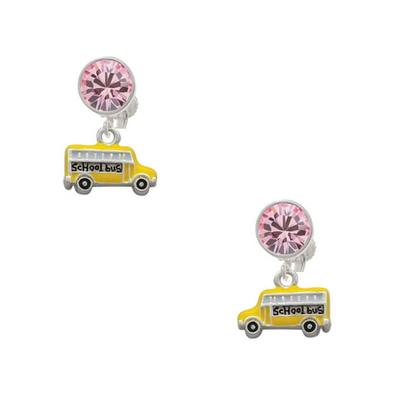 Delight Jewelry Silvertone Yellow School Bus Side Pink Crystal Clip on Earrings