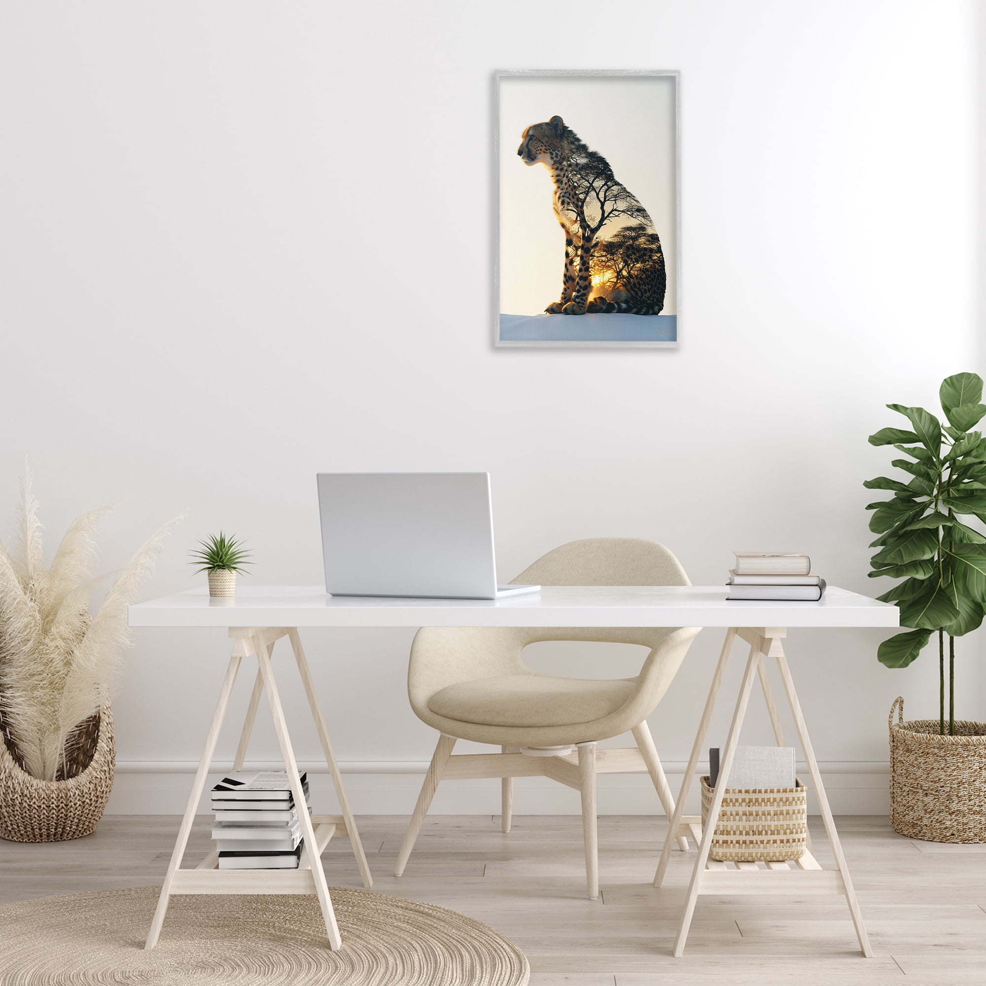 Stupell Industries Leopard with Silhouette Animals & Insects Painting Gray Framed Art Print Wall Art, 16 x 24