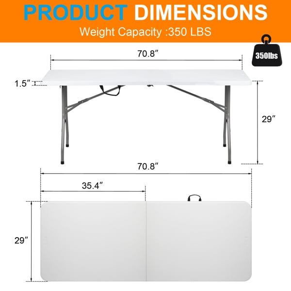 Alvantor 6FT Folding Table, Portable Fold-in-Half HDPE Plastic Dining Table with Powder Coated Steel Frame for Picnic Party Camping,White