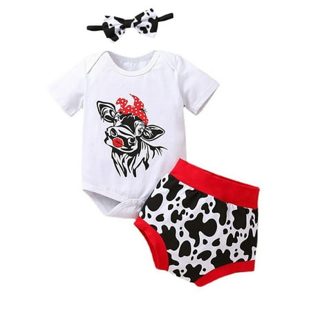 

Baby Girl Newborns Premature Girl Clothes Boys Girls Short Sleeve Cartoon Dairy Cow Printed Romper Bodysuit Shorts Headbands Outfits Baby Girl Pants Set
