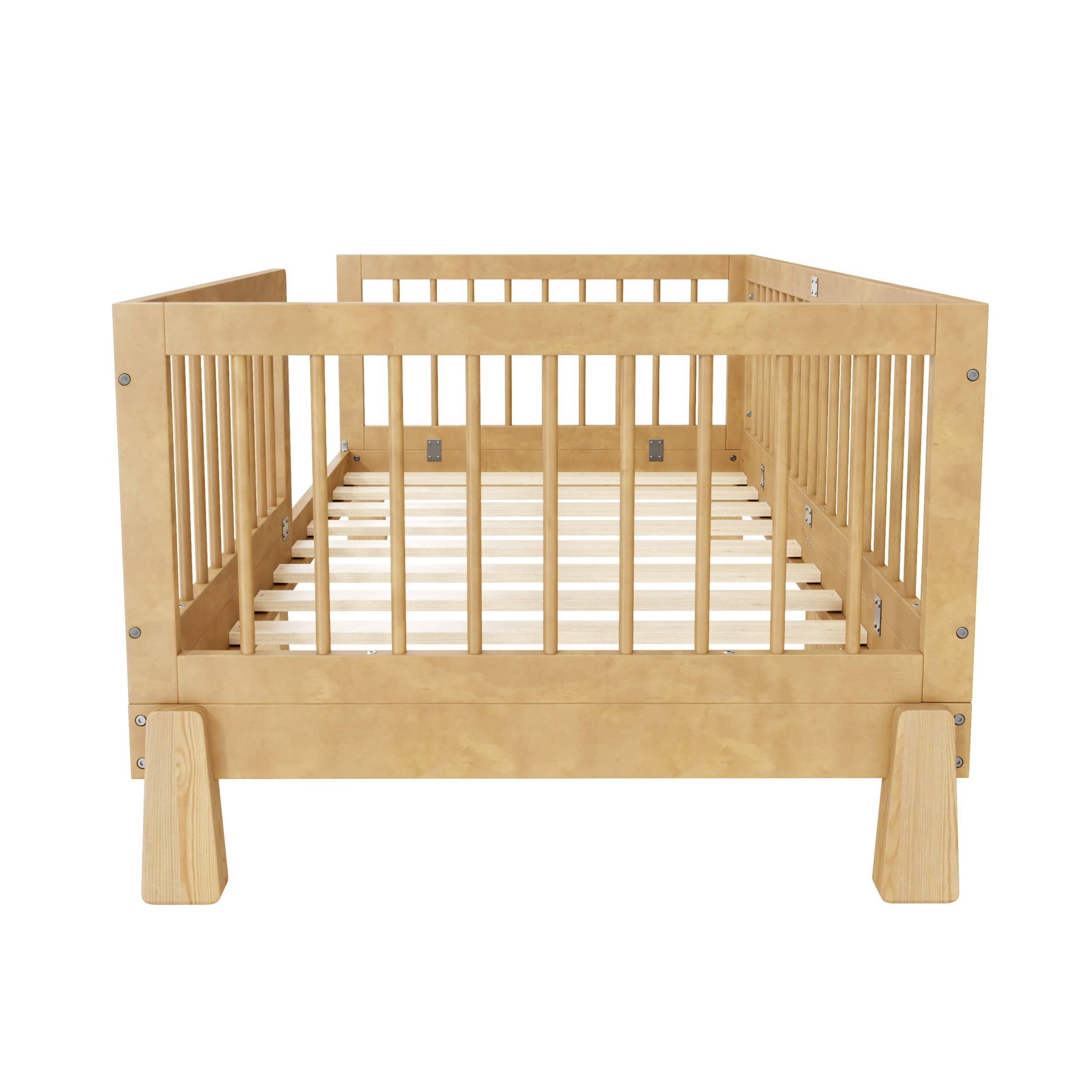 GDF Studio Rolley Twin-Size 3-in-1 Convertible Montessori Floor Bed with Guardrails, Pine Wood Kids Bed Frame, Natural