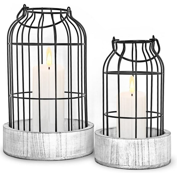 Modern Farmhouse Lantern Decor, [Refined] Rustic Home Decor Lanterns, Wire Metal Cloche Decorative Candle Holder for Living Room, Fireplace Mantle, Bathroom Countertop, Valentine's Day Decor