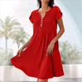 thumbnail image 4 of Vestido de Verano para Mujer, Corta, Cuello en V, Holgado, Informal, Plisado, Maxivestido , Túnica Roja, Talla M, 4 of 5