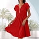 thumbnail image 4 of Vestido de Verano para Mujer, Corta, Cuello en V, Holgado, Informal, Plisado, Maxivestido , Túnica Roja, Talla M, 4 of 5
