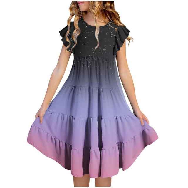 Cinvoph Robes d'Été pour Filles Préadolescentes, Robes à Volants Superposés à Manches en Dentelle, Robe Midi Tendance pour Enfants, Taille 6-15 Ans