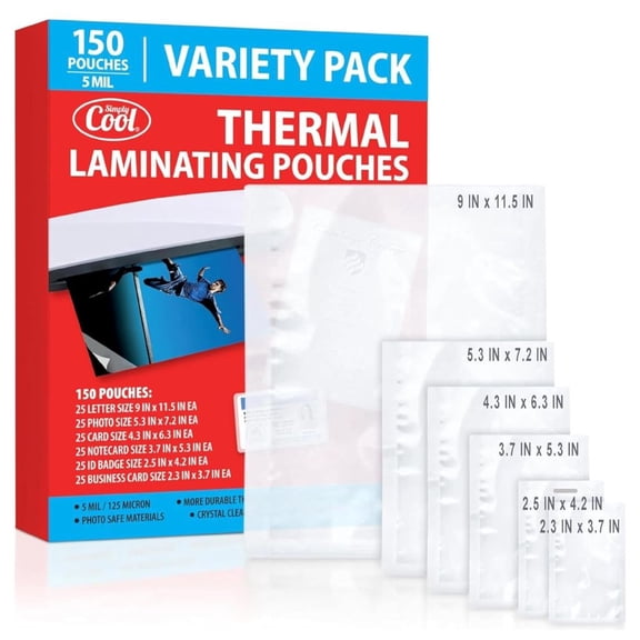 Simply Cool 5 MIL Thermal Laminating Pouches (150 Count) | Letter, Photo, Card, Notecard, ID Badge and Business Card Sizes | Dry-Erase Friendly, Compatible with Laminators | Crystal Clear Finish