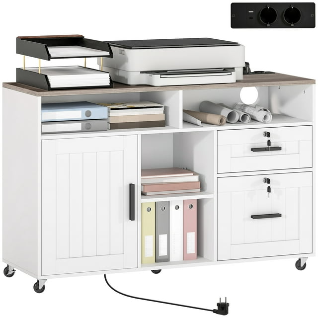 HOMCOM Classeur avec Station de Recharge, Table d'Imprimante Mobile, Blanc