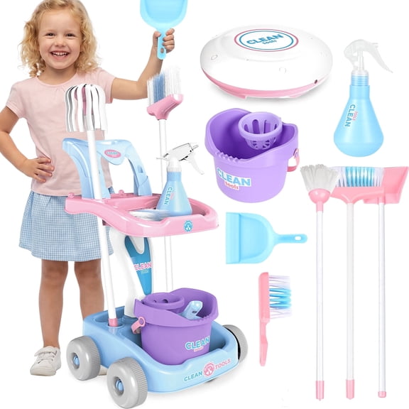HopeRock Kids Cleaning Set for Toddlers Ages 3-6, Pretend Play Housekeeping Cart with Mop Broom Dustpan Spray Bottle Bucket and Toy Vacuum, Pink Blue.