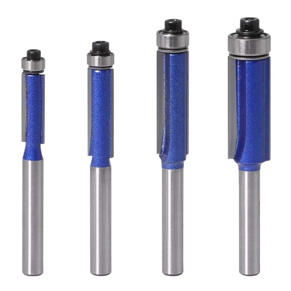 4-Piece Flush Trim Router Bit Set, 1/4 Inch Shank Top Bearing Carbide Tipped for Woodworking, Solid Wood, Mdf, Plywood, 4 Tools