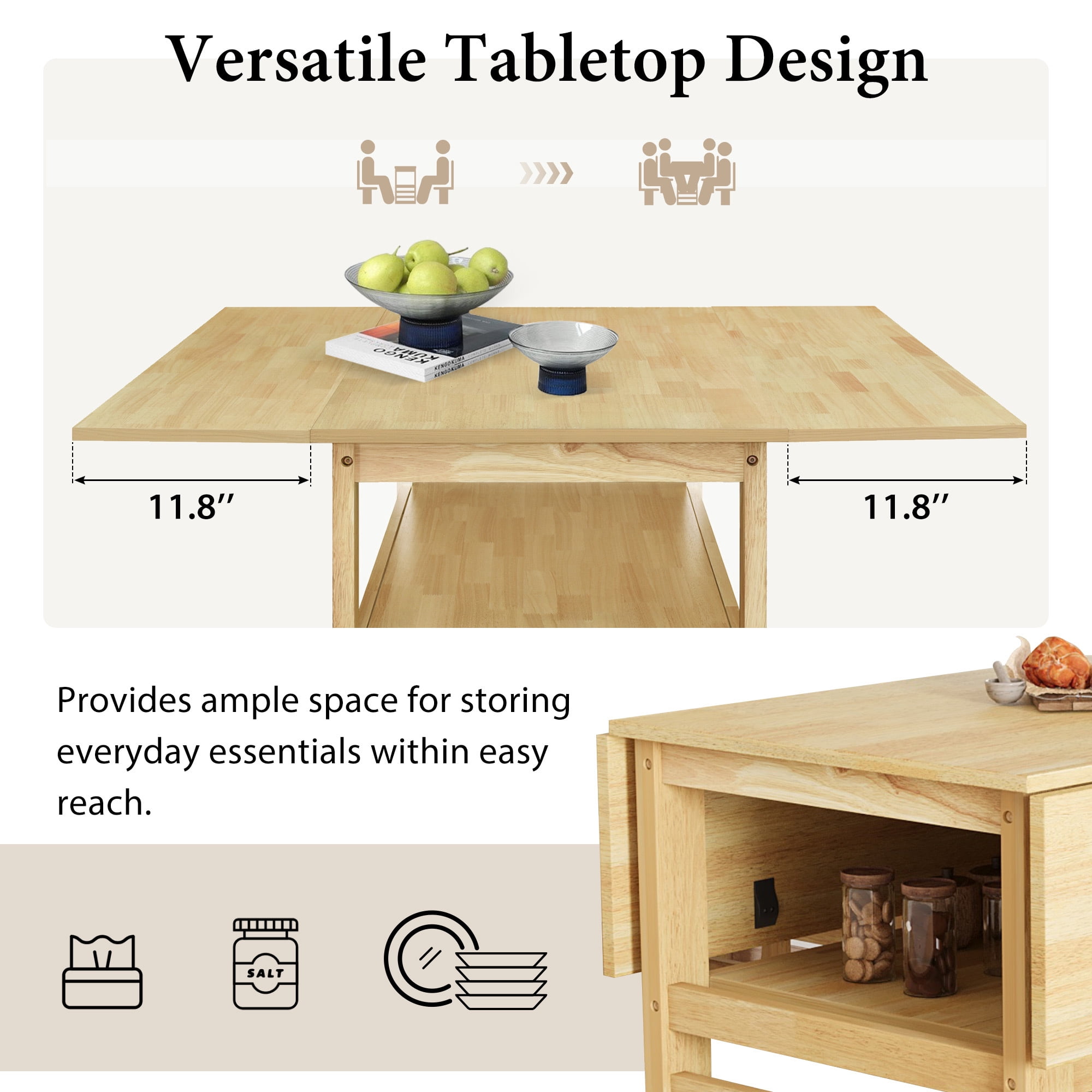 EUROCO Extendable Dining Table Set for 4, 5-Piece 47.2" Solid Wood Foldable Table with 2 11.8" Drop Leaves,Storage Shelf and 4 Upholstered Chairs, Square Kitchen Table Set for Small Space,Natural