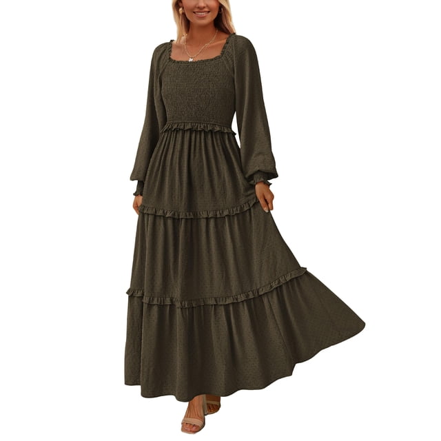 Vestido PRETTYGARDEN 2025 Maxi con Cuello Cuadrado y Fruncido Talle Pequeño