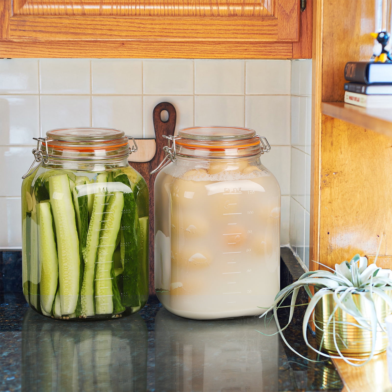 Syntic 2 Pack Square Super Wide Mouth Airtight Glass Storage Jars with Lids, 1.1 Gallon Glass Container with 2 Measurement Marks, Canning Jars with Leak-proof Lid for Kitchen