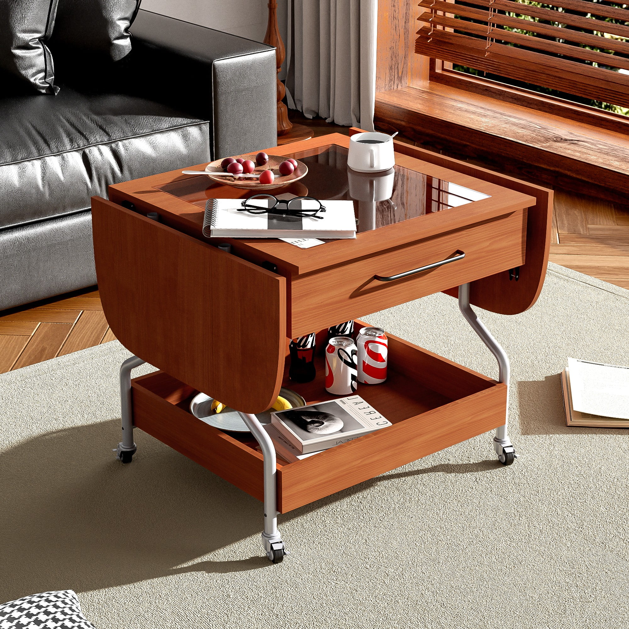 Aukfa Extended Coffee Table with Drawer and Wheels, 2-Tier Central Table Converts to Dining Table for Living Room