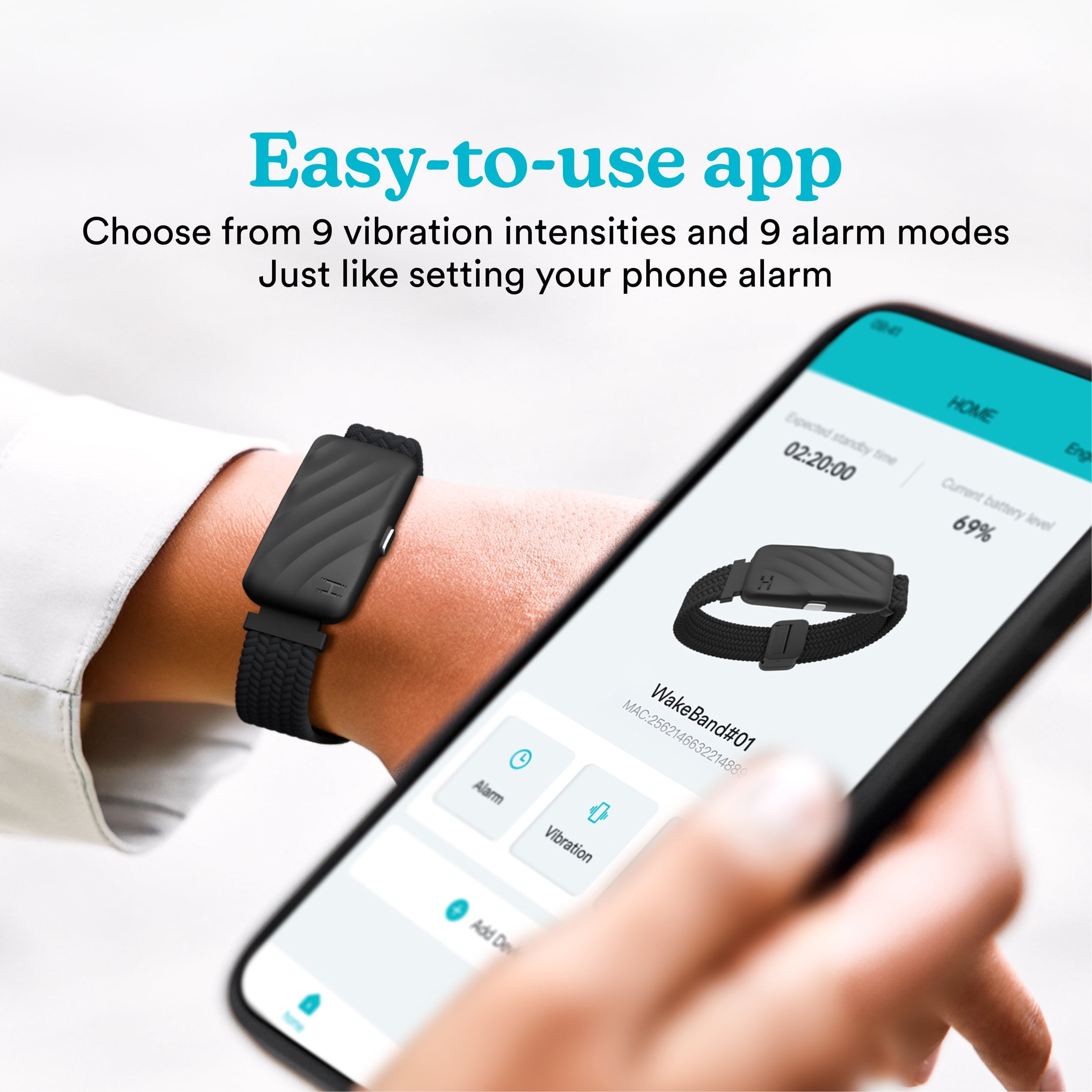 Homedics WakeBand Wearable Silent Alarm, Black