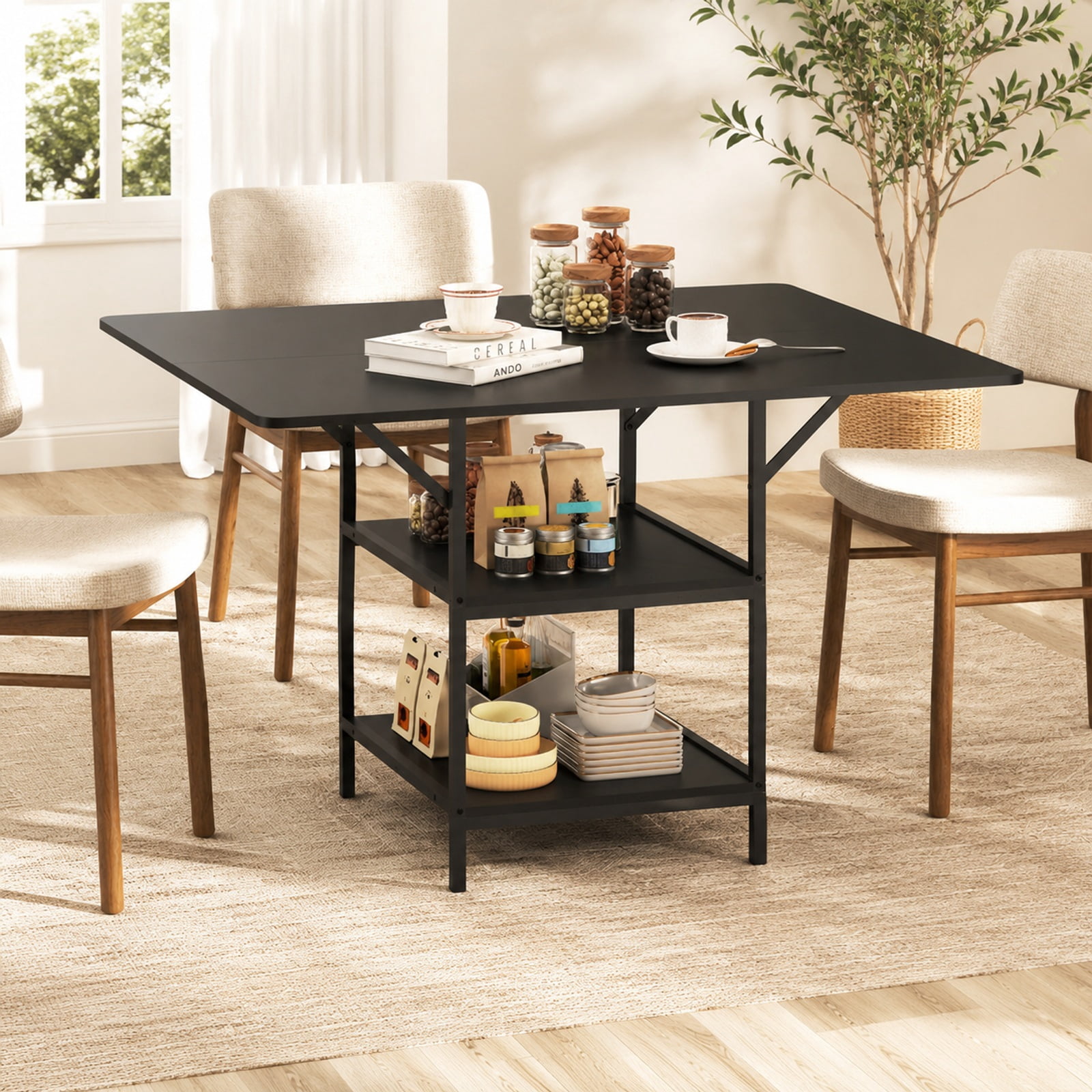 Furnibear 47 Inch Rectangular Dining Table for 4 to 6 with 2 Open Storage Shelves and Sturdy Metal Legs for Kitchen and Dining Room, Black