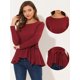 thumbnail image 2 of INSPIRE CHIC Top elegante de manga larga de punto elástico con cuello redondo para mujer Color rojo oscuro L, 2 of 4