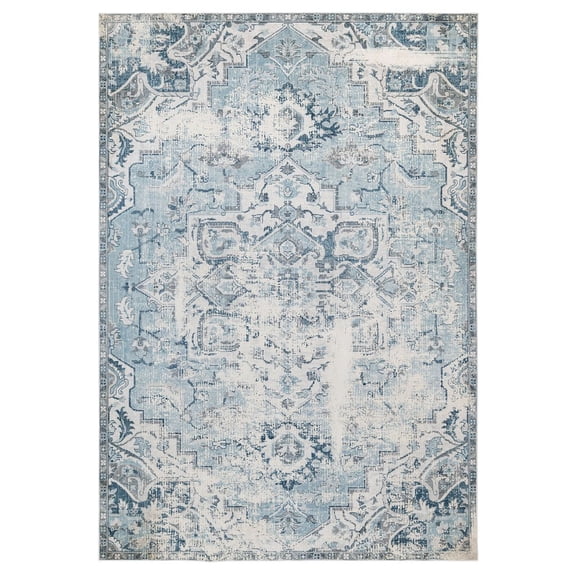 KUKOON Denim Blue Distressed Oriental Washable Area Rug
