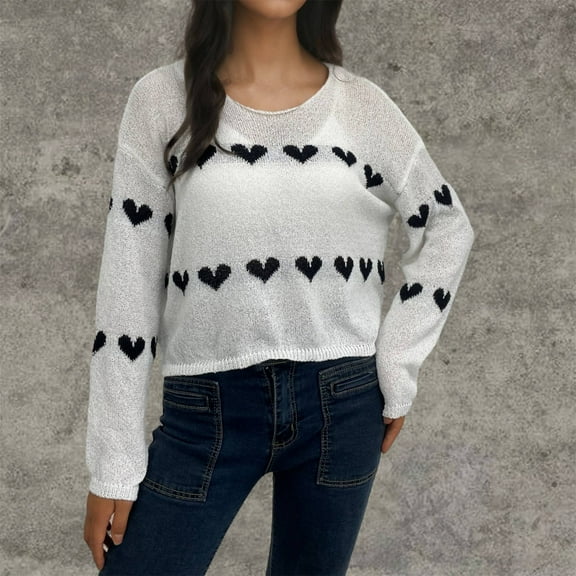 Tauxra Sweaters for Women,Short Sleeve Blouses for Women,Women's Solid Color Heart Stripe Short Knit Sweater,Loose Sleeve Pullover,Heart Sweater for Women