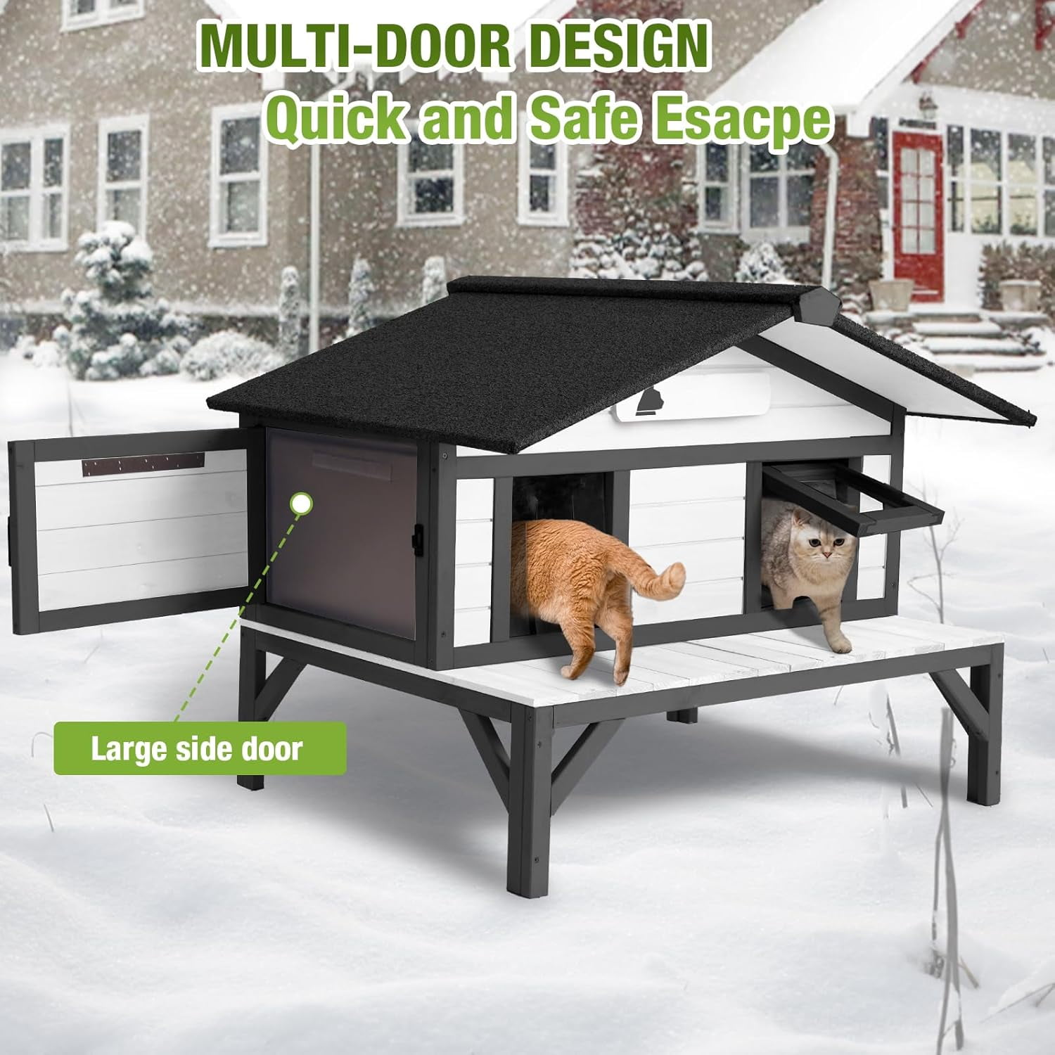 MEDEHOO Heated Outdoor Cat House Weatherproof Large Cat Shelter with 100% Insulated Liner for Multiple Cats, Cat Houses for Indoor Cats（Black）