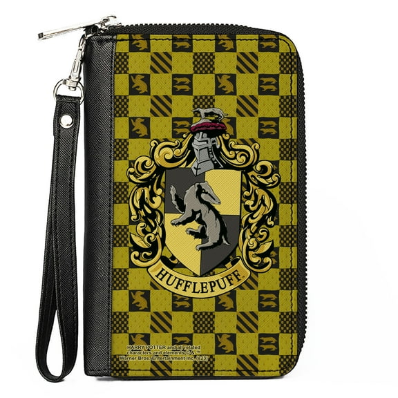 The Wizarding World of Harry Potter Wallet, Zip Around, Hufflepuff Crest Heraldry Checkers Golds Black, Vegan Leather