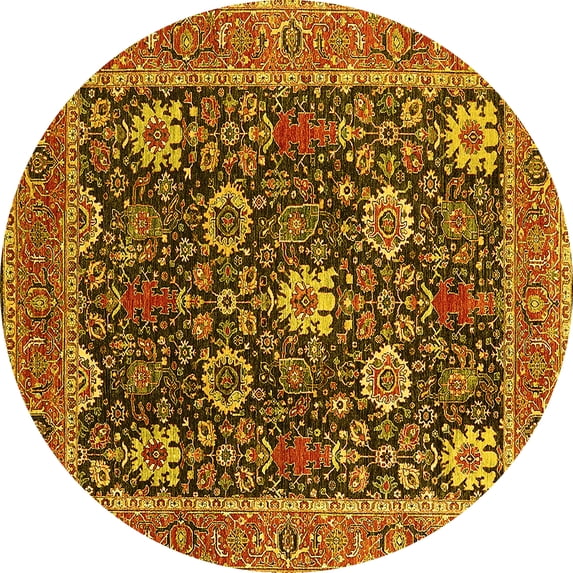 Ahgly Company Machine Washable Indoor Round Oriental Yellow Industrial Area Rugs, 6' Round