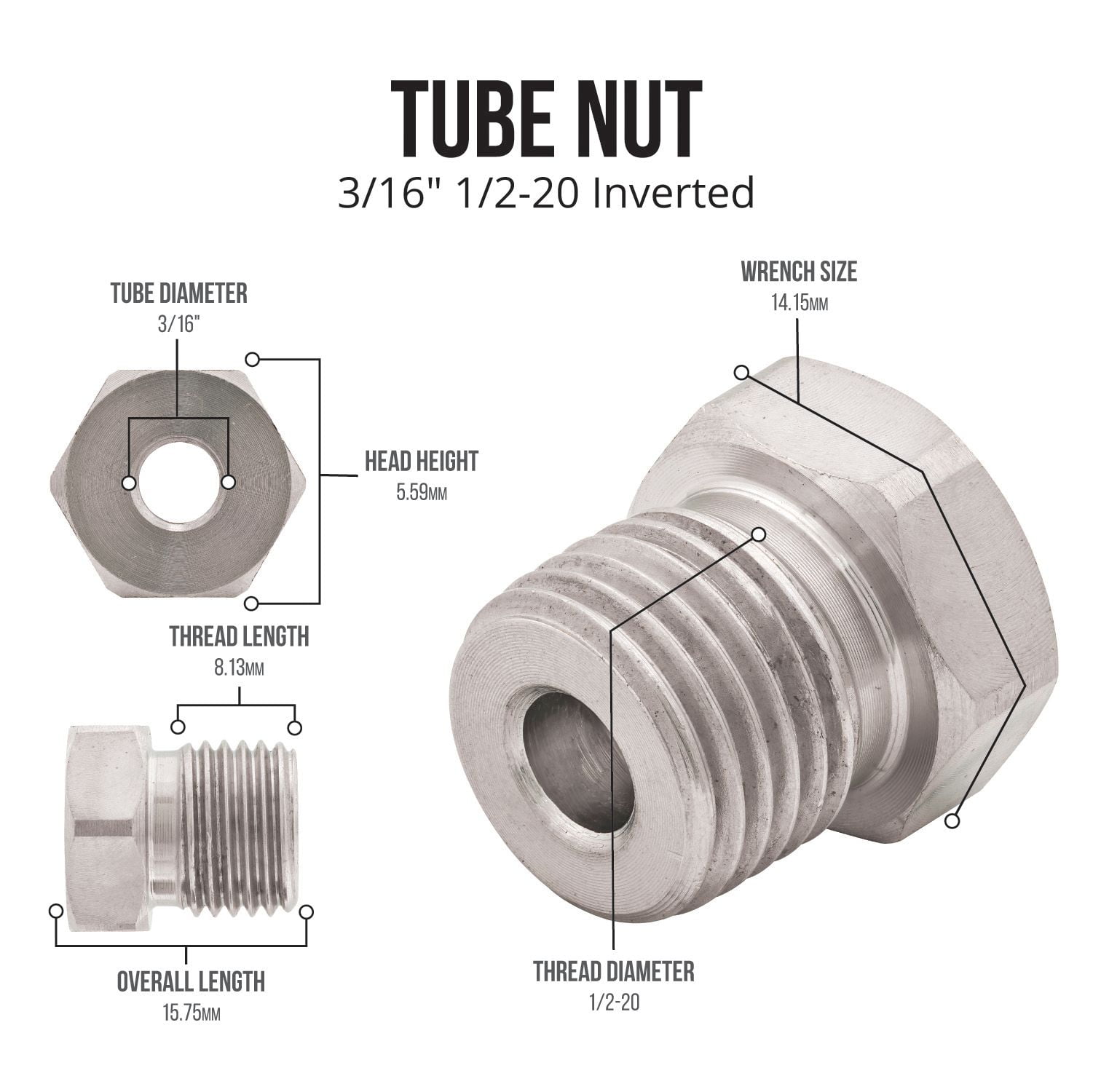 AGS Steel Tube Nut 1/Bag 3/16 1/2-20 Inverted 