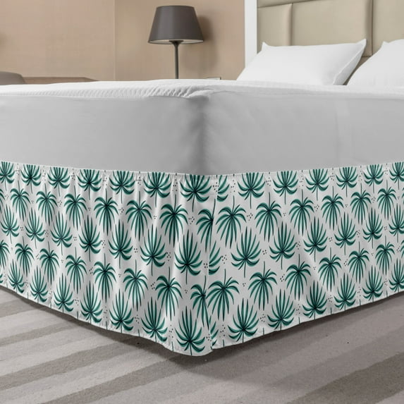 Exotic Bed Skirt, Palm Split Leaves Simplistic Pattern in Continuous Form, Elastic Bedskirt Dust Ruffle Wrap Around for Bedding Decor, 4 Sizes, Night Blue Cadet Blue, by Ambesonne