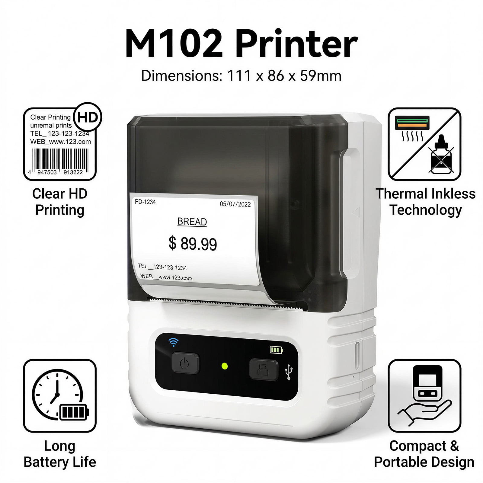 Phomemo M102 Thermal Label Maker with 100 Labels - Portable Bluetooth Address Label Printer for Small Business, Barcode & Retail, Compatible with Phones & PC (White)