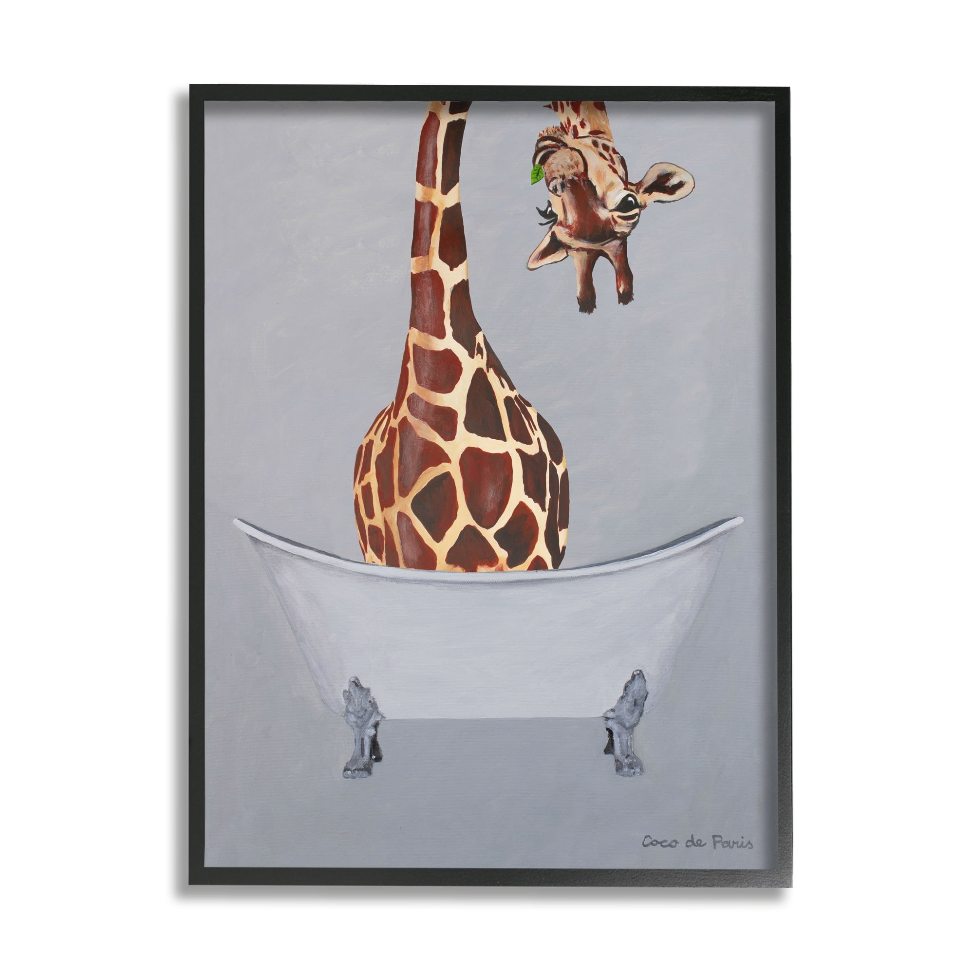 Stupell Industries Funny Giraffe Neck Bathtub Bathroom Theme Painting Black Framed Art Print Wall Art, 24x30, by Coco de Paris