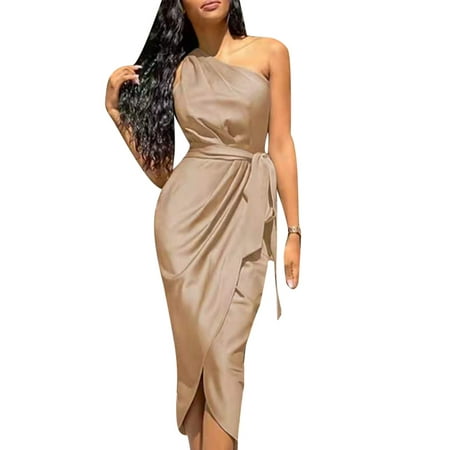 

Amuver Women Sexy One-shoulder Dress Adults Summer Tie-up Sleeveless Solid Color Slit One-piece