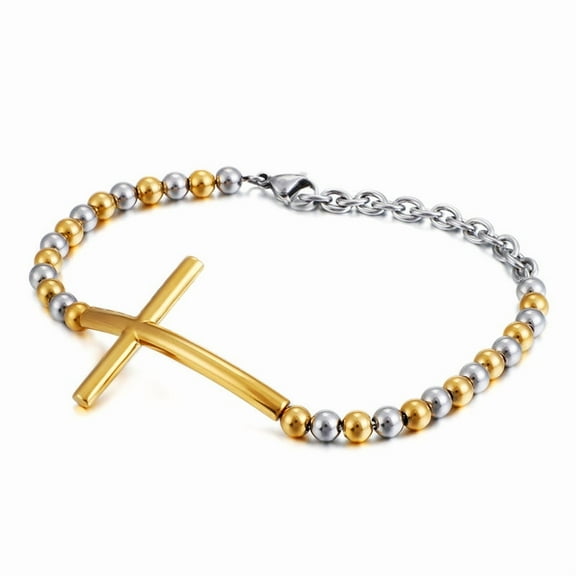 Simple Big Cross Bracelets with Glossy 14K Yellow Gold Beads Bracelets, Adjustable Beaded Chain Men Religious Faith Jewlery