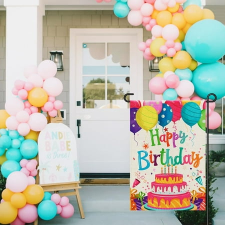 Gyryp Happy Birthday Garden Flags 12x18 Double Sided Burlap, Colorful Balloon Cake Toppers Personalized Banner Farmhouse Yard Sign Birthday Party Outdoor Decorations