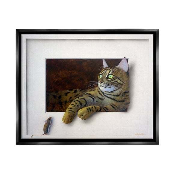 Stupell Industries Manx Cat Resting Curious Mouse Peering Illusion Painting Jet Black Floating Framed Canvas Print Wall Art, Design by Alan Weston