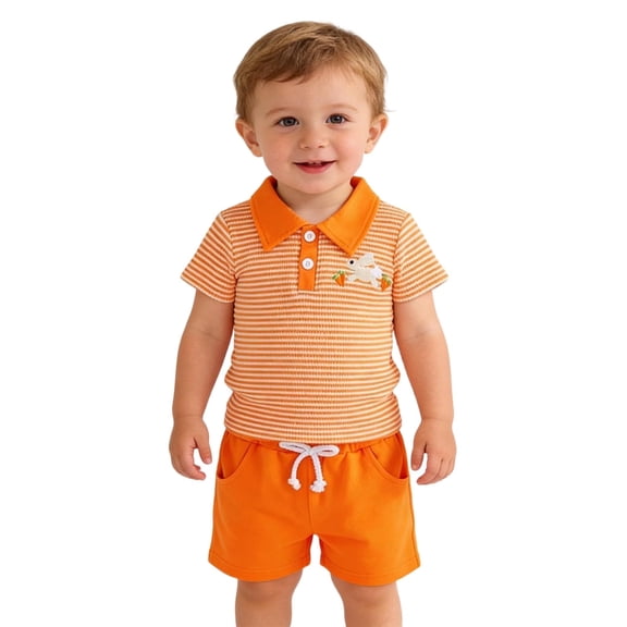 Kids Boys 2-Piece Set, Orange Stripe Polo Shirt and Solid Shorts with Bunny Embroidery, Cotton Easter Spring Outfit (Size 9-12M),Size 9 Months