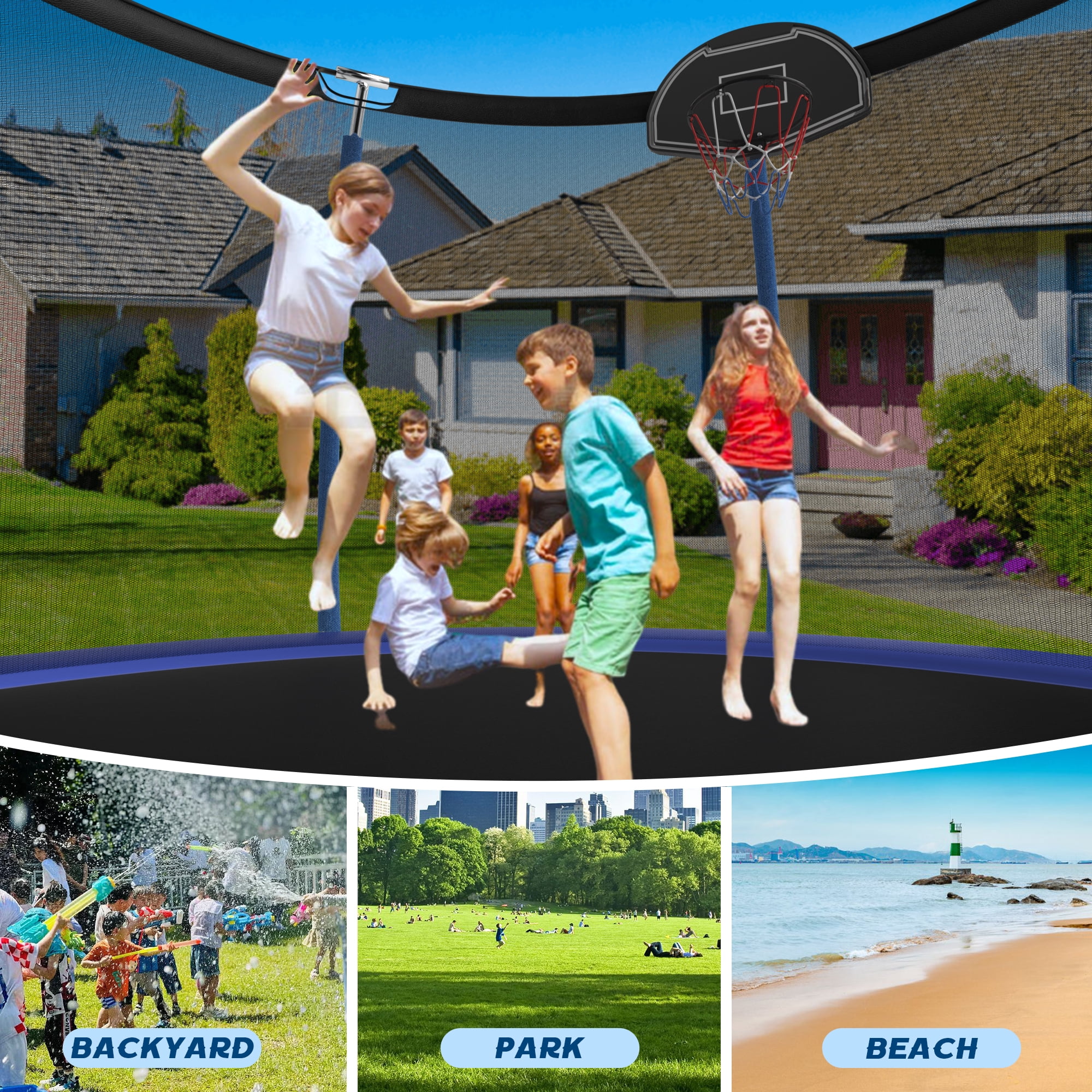 Shengchao Trade 1000LBS 10FT Trampoline for Adults and Kids,Trampoline with Enclosure,Basketball Hoop, Recreational Trampoline with Ladder, Heavy Duty Trampoline Capacity for 4-6 Kids