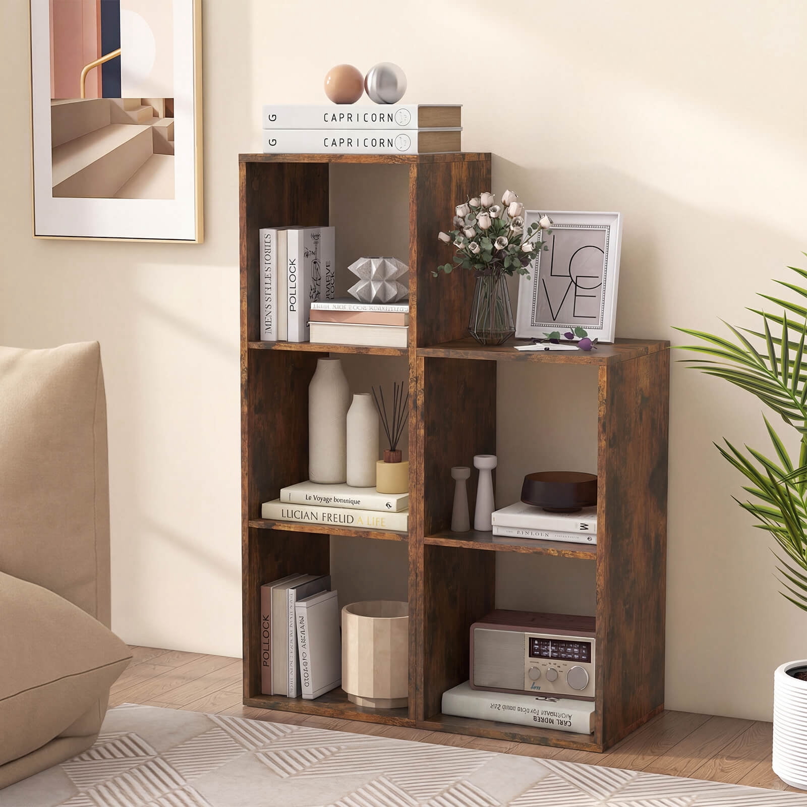 Costway 3-Cube Bookshelf,Modern Vertical Bookcase with Back Guardrail & Anti-tipping Kits Coffee