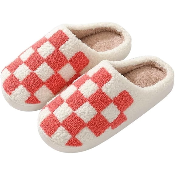 Unisex Checkered House Slippers for Women & Men, Fuzzy Plush Fluffy Slippers with Memory Foam Insole, Cozy Warm Slip-On Bedroom Shoes, Non-Slip Sole Indoor Slippers