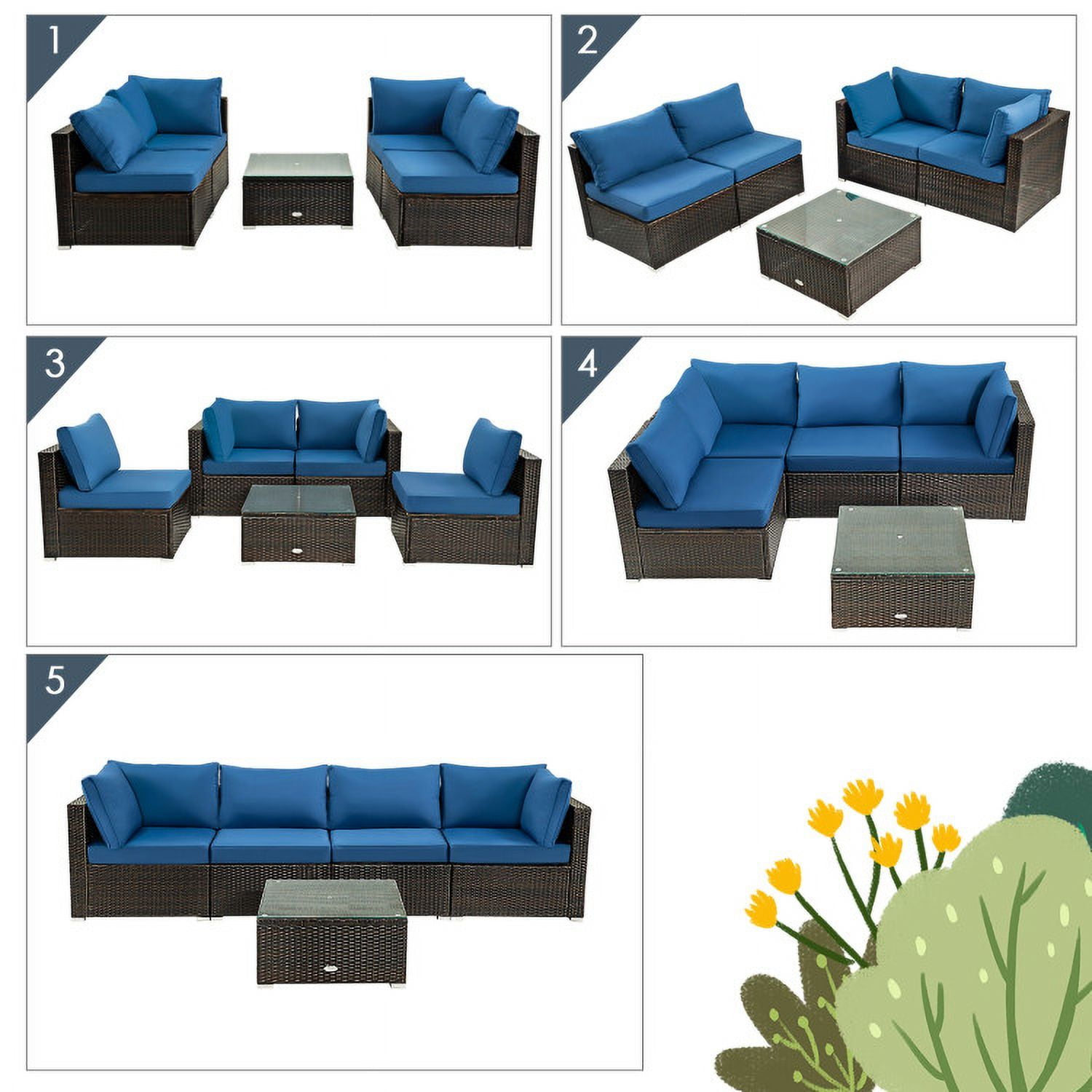 Aimee Lii 5 Pieces Cushioned Patio Rattan Furniture Set with Glass Table, Outdoor Patio Set, Navy Aimee Lii 5 Pieces Cushioned Patio Rattan Furniture Set with Glass Table, Outdoor Patio Set, Navy