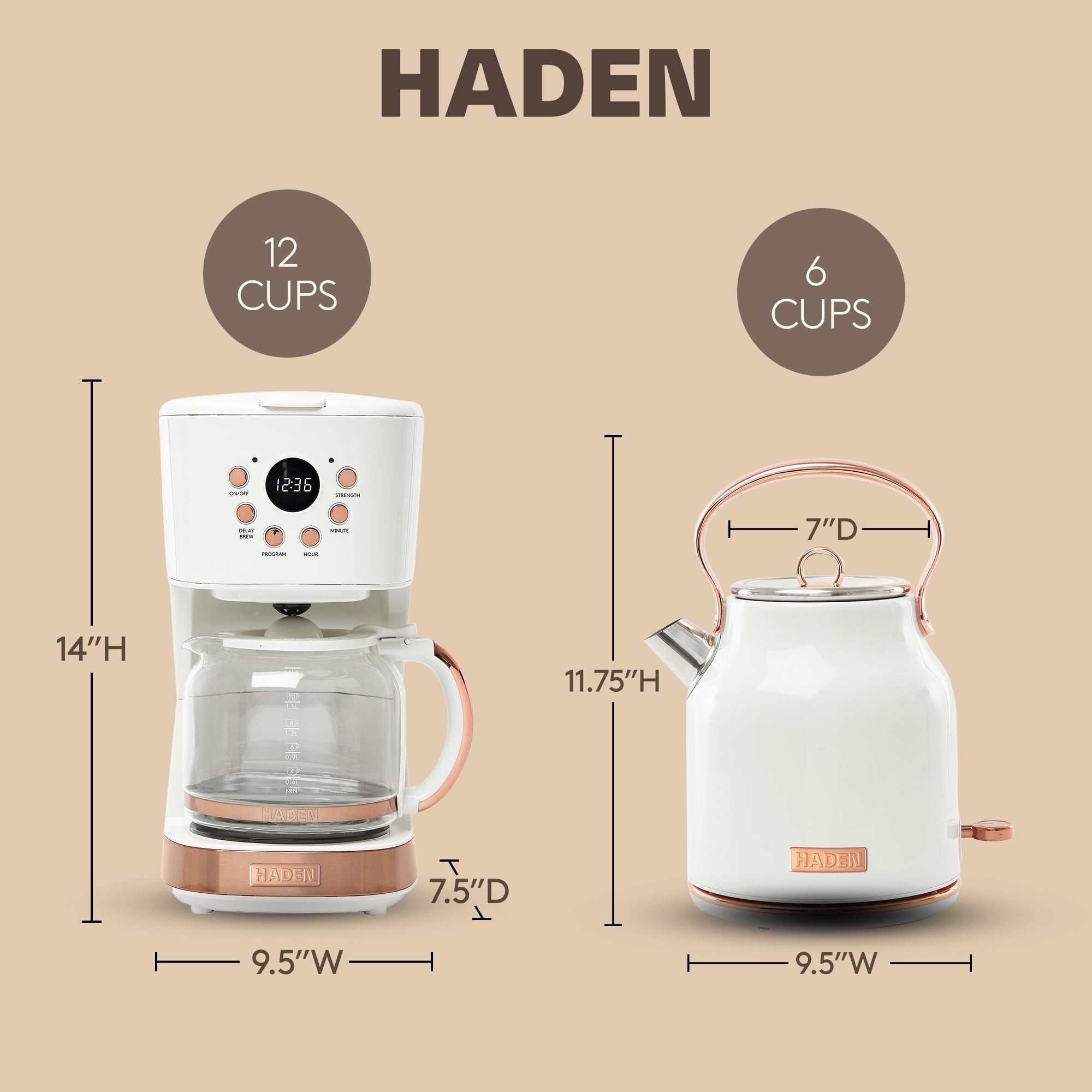 Haden Coffee Maker & Heritage 1.7 Liter Electric Kettle, Ivory & Copper