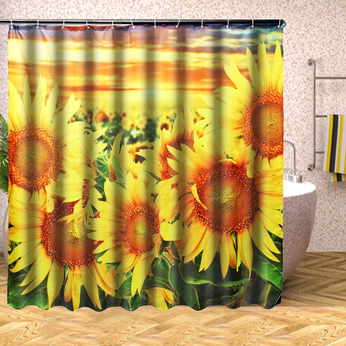 Shower Curtain Bathroom Mat Sunflower Pedestal Rug Toilet Cover Waterproof 71" 